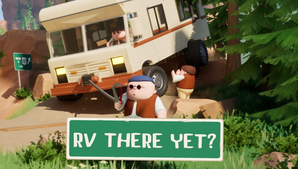 RV There Yet game art showing an RV traveling through the dangerous Mabutts Valley wilderness