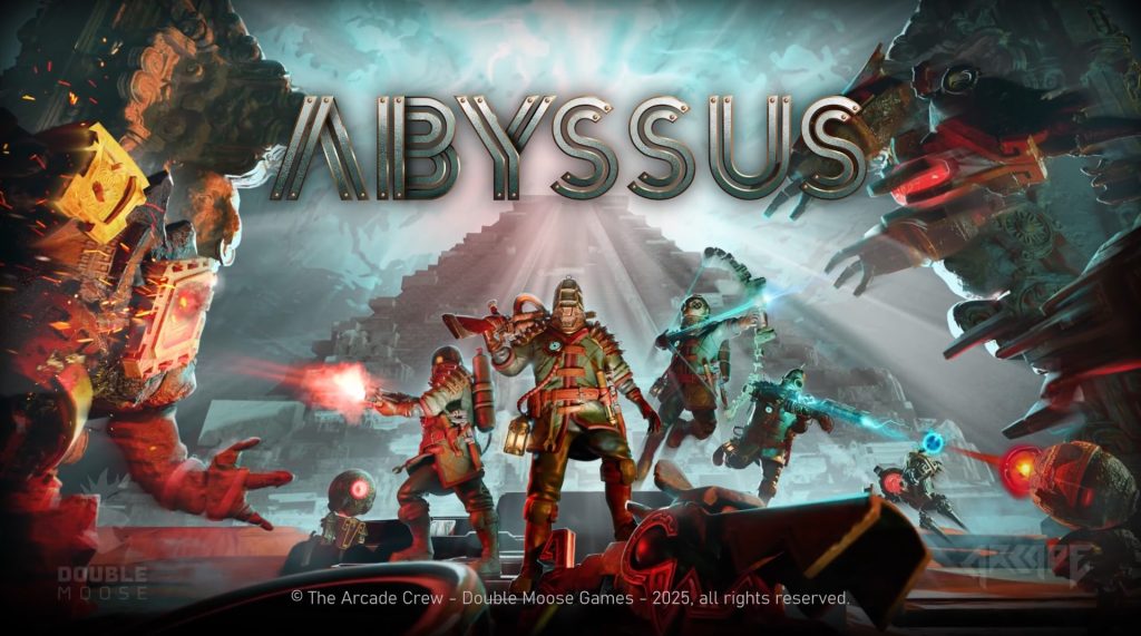 Abyssus game artwork showing an armored player fighting underwater creatures in flooded ruins