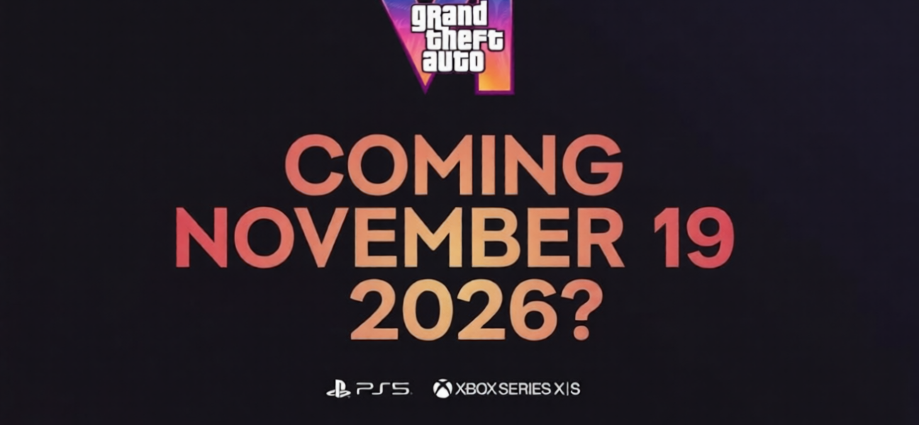 Grand Theft Auto VI "Coming November 19 2026?" promotional graphic for PS5 and Xbox Series X|S amid third delay fears