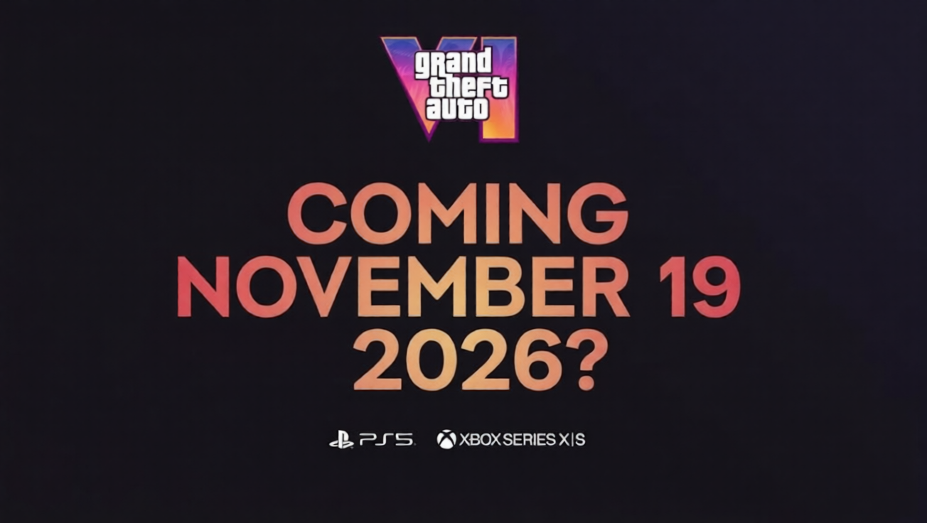 Grand Theft Auto VI "Coming November 19 2026?" promotional graphic for PS5 and Xbox Series X|S amid third delay fears